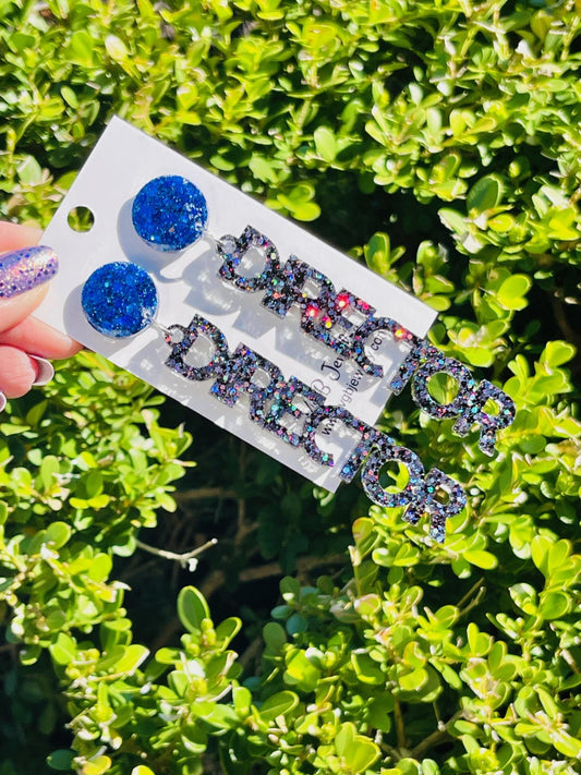 Director glitter resin word earrings - handmade jewelry