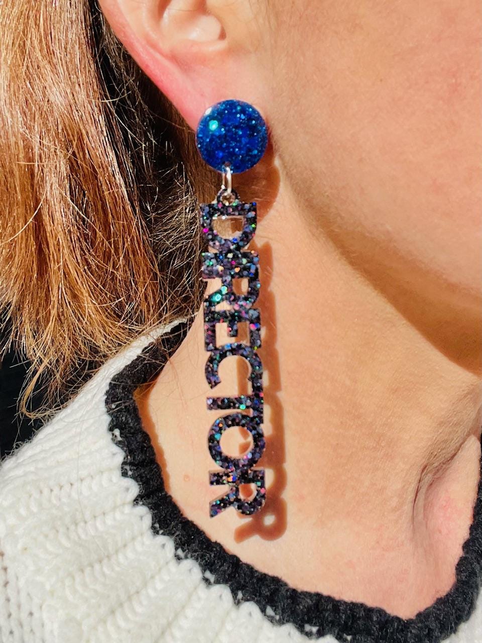 Director glitter resin word earrings - handmade jewelry
