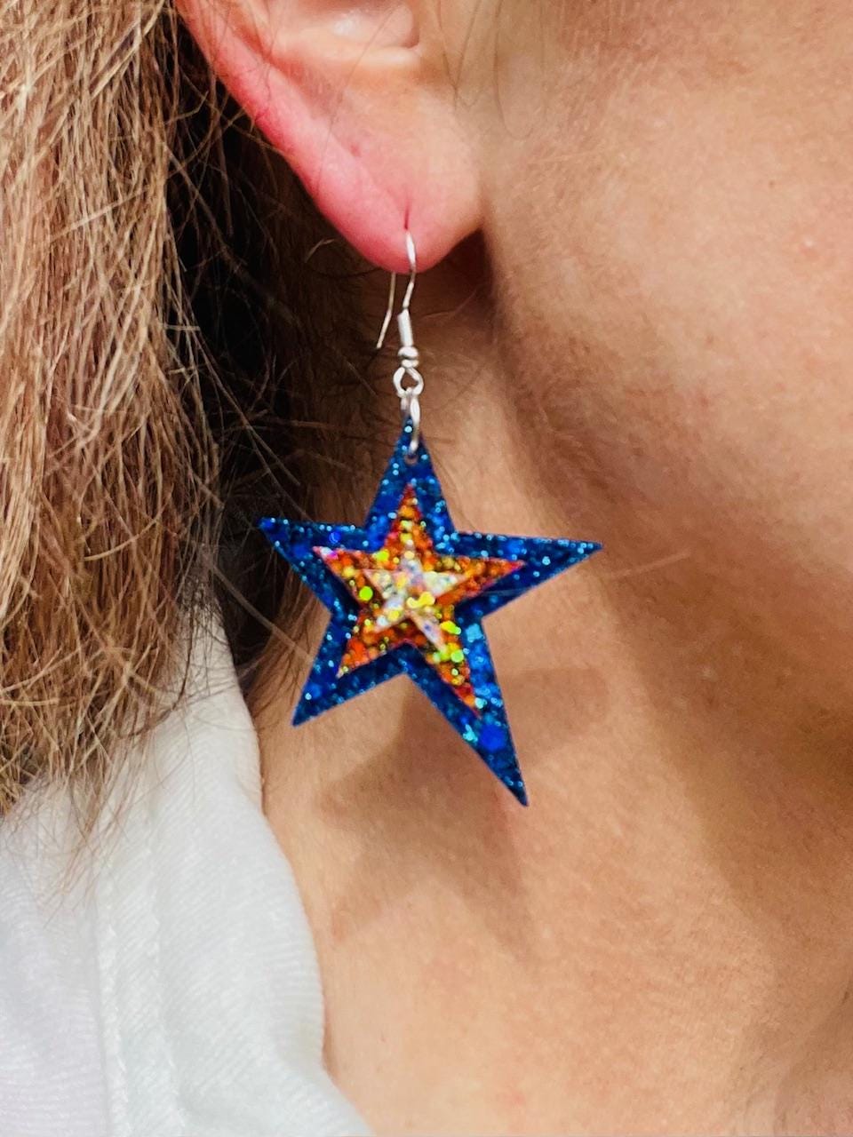 Layered Star dangle glitter resin earring - Game day earrings - handcrafted
