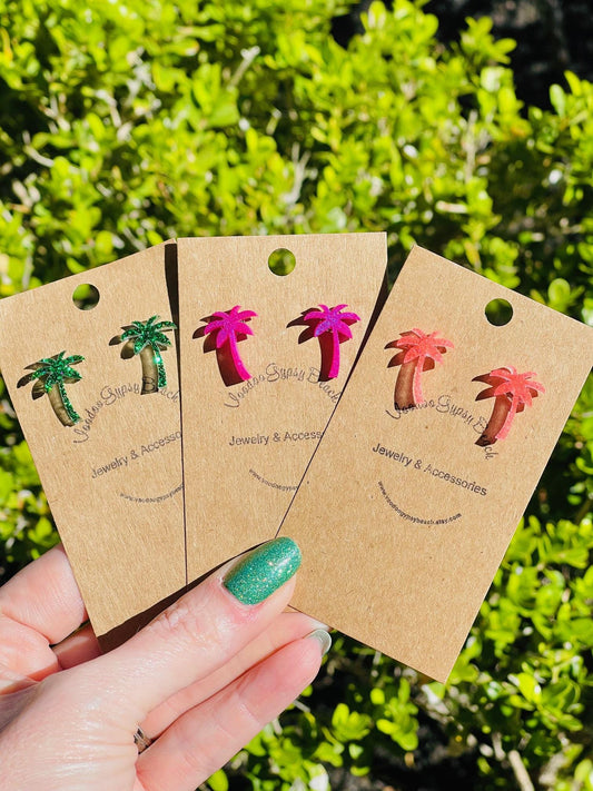 Neon Palm Trees glitter resin stud earrings - multiple colors - handmade jewelry