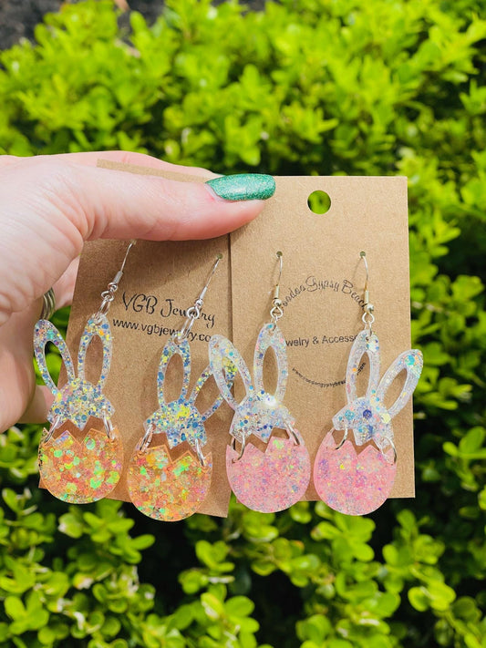 Easter bunny & egg dangle earrings - glitter resin earrings