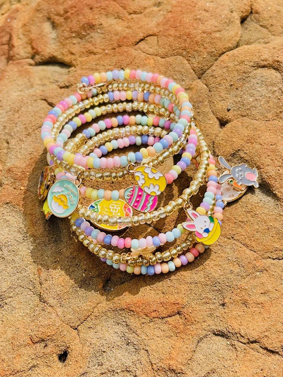 Easter hand beaded memory wire wrap bracelet - hand made pastel charm bracelet