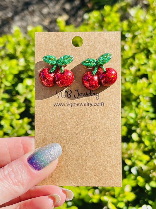 Sparkly Cherry glitter resin stud earrings in red - Premium finish - handcrafted - handmade jewelry