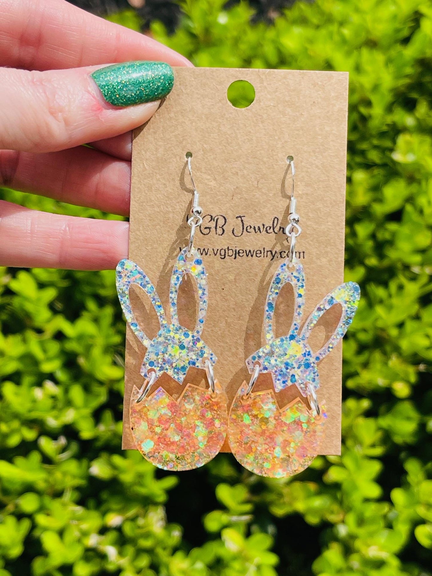 Easter bunny & egg dangle earrings - glitter resin earrings