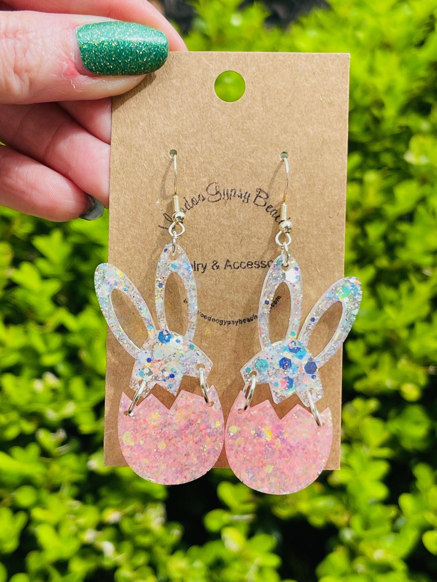 Easter bunny & egg dangle earrings - glitter resin earrings