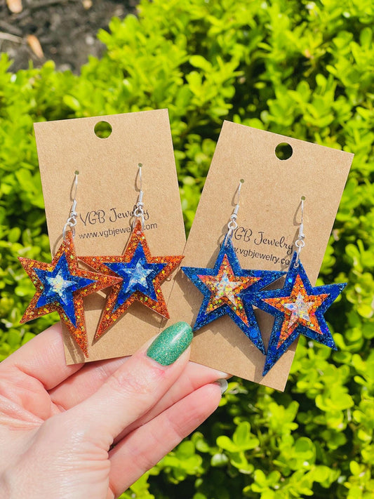 Layered Star dangle glitter resin earring - Game day earrings - handcrafted