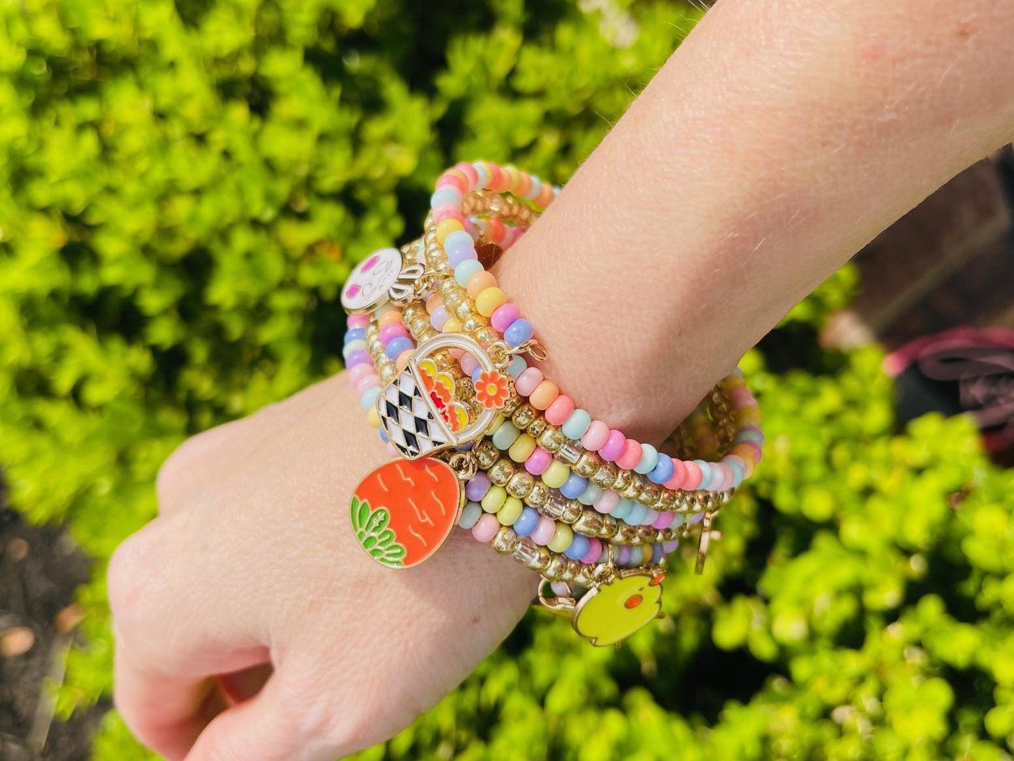 Easter hand beaded memory wire wrap bracelet - hand made pastel charm bracelet