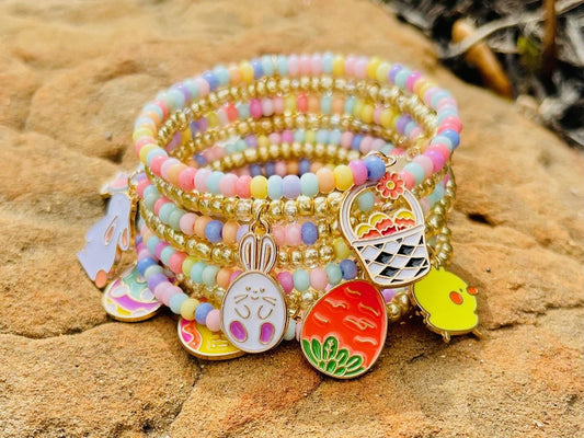 Easter hand beaded memory wire wrap bracelet - hand made pastel charm bracelet