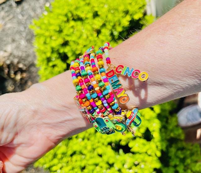 Cinco de Mayo beaded memory wire wrap bracelet - hand made jewelry