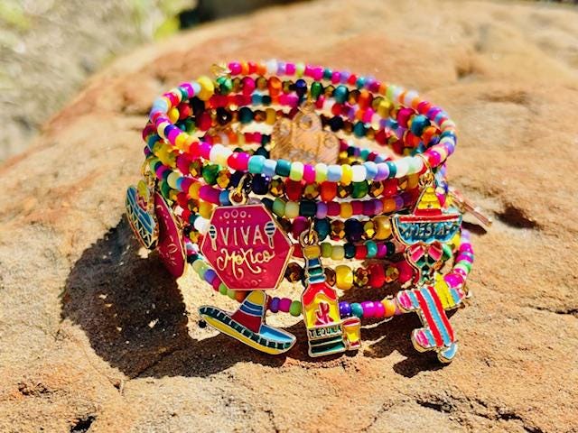 Cinco de Mayo beaded memory wire wrap bracelet - hand made jewelry