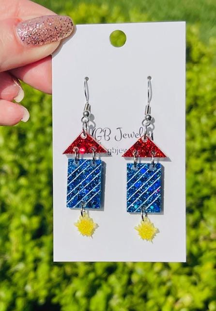 Fourth of July fireworks dangle glitter resin earrings - Fourth of July handmade jewelry