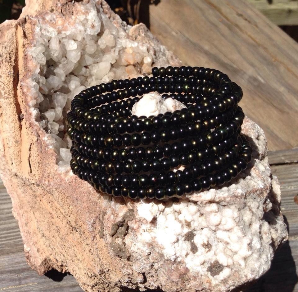Black beaded spiral wrap bracelet/memory wire bracelet