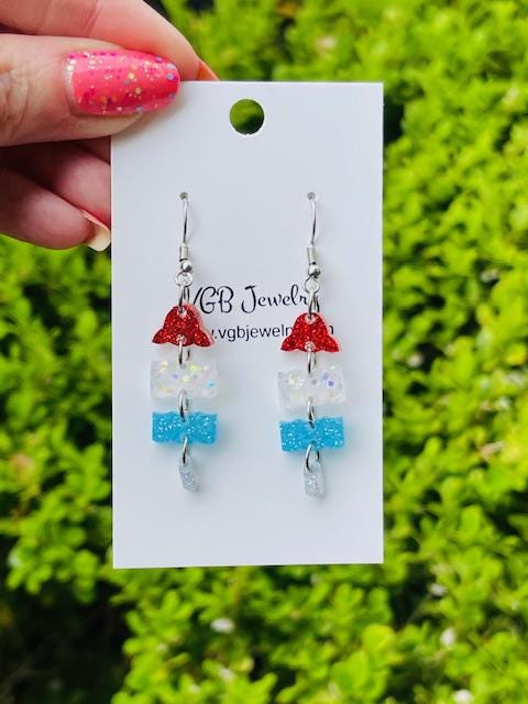Red white and blue Bomb pop dangle glitter resin earrings - Fourth of July handmade jewelry