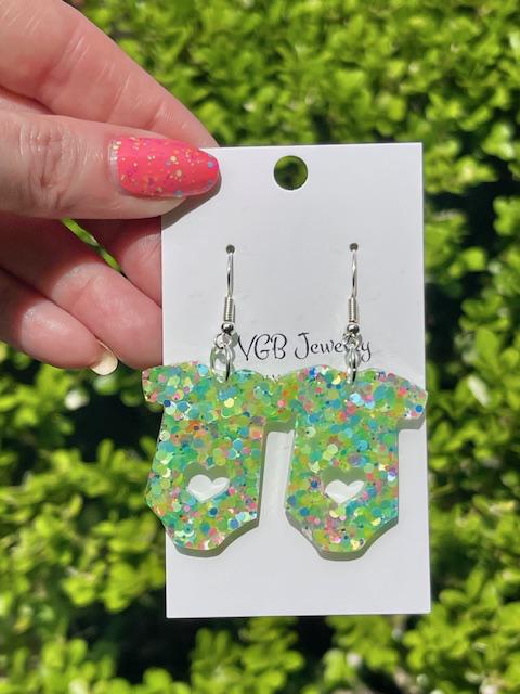 Baby Onesie glitter resin earrings - Gender reveal party earrings