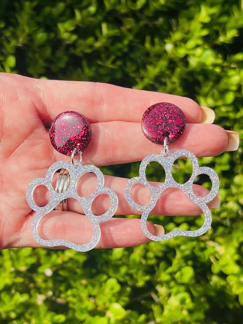 Paw print cutout glitter resin earrings - School spirit earrings