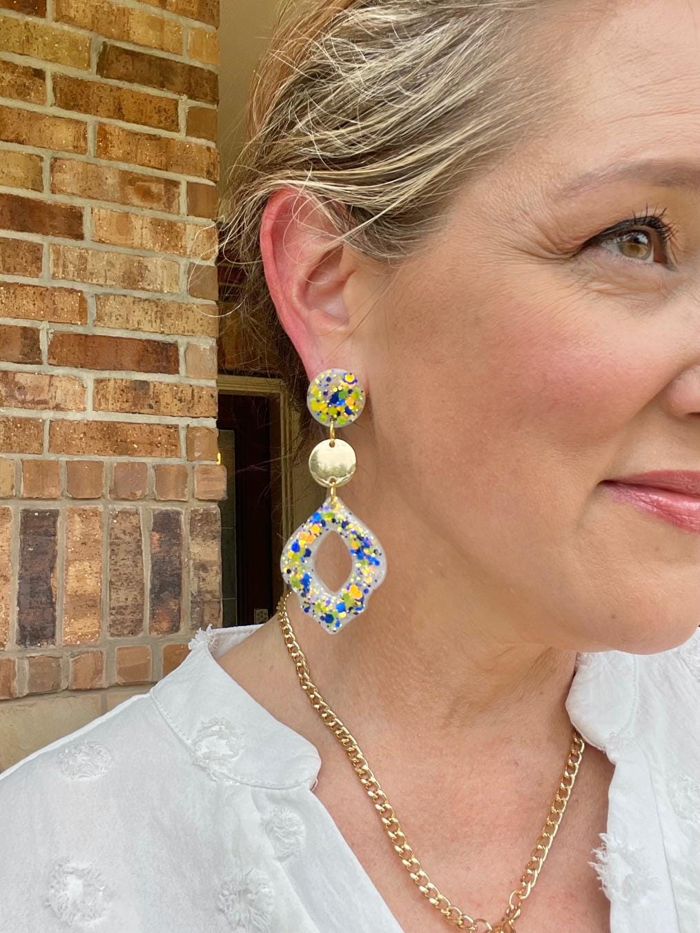 Amalfi Coast Inspired Earrings - Lemon Yellow & Deep Sea Blue Glitter Dangle Earrings with Gold Accents 1