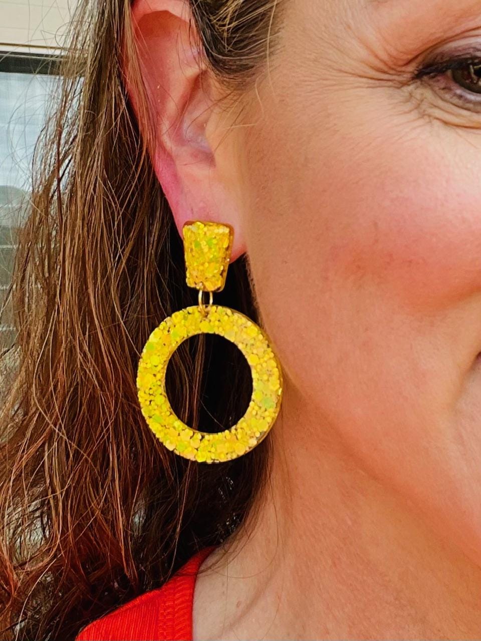 Amalfi Coast Inspired Earrings - Lemon Yellow Glitter Hoop Dangle Earrings
