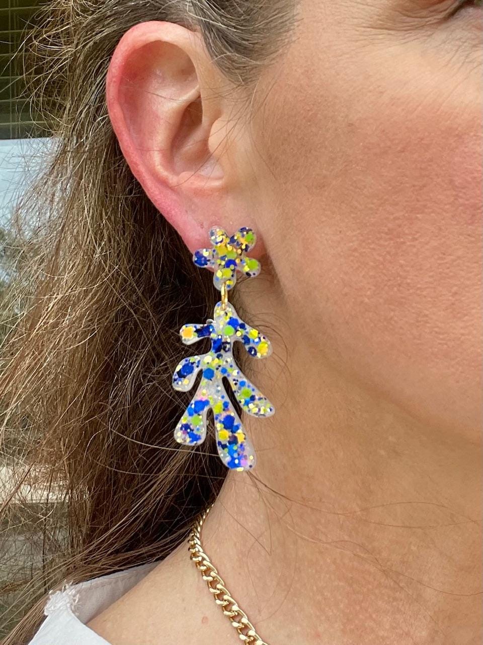 Amalfi Coast Inspired Earrings - Lemon Yellow & Deep Sea Blue Glitter Abstract Dangle Earrings