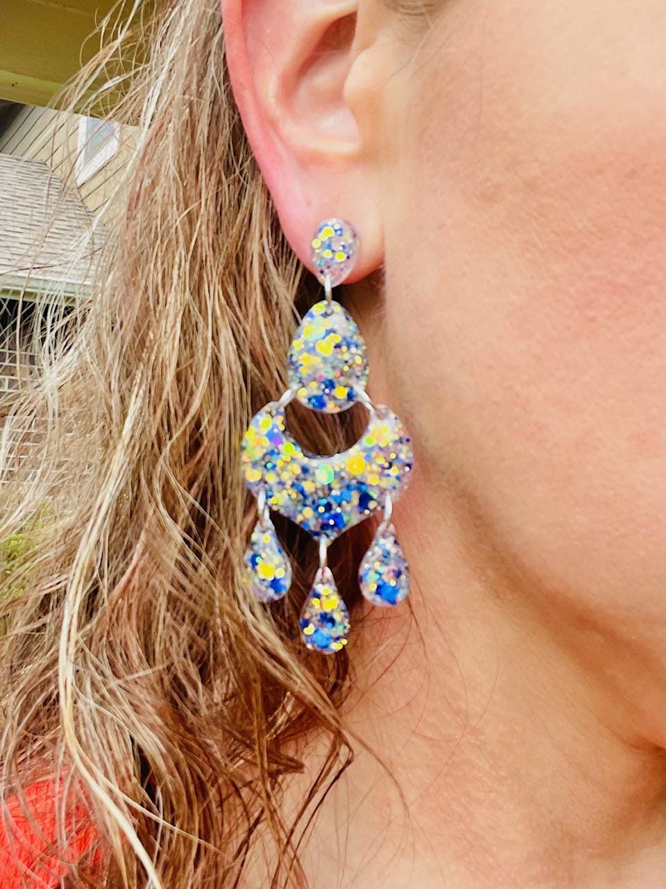 Blue & White Glitter Resin Chandelier Earrings | Lightweight Statement Dangles with Teardrop Accents 2