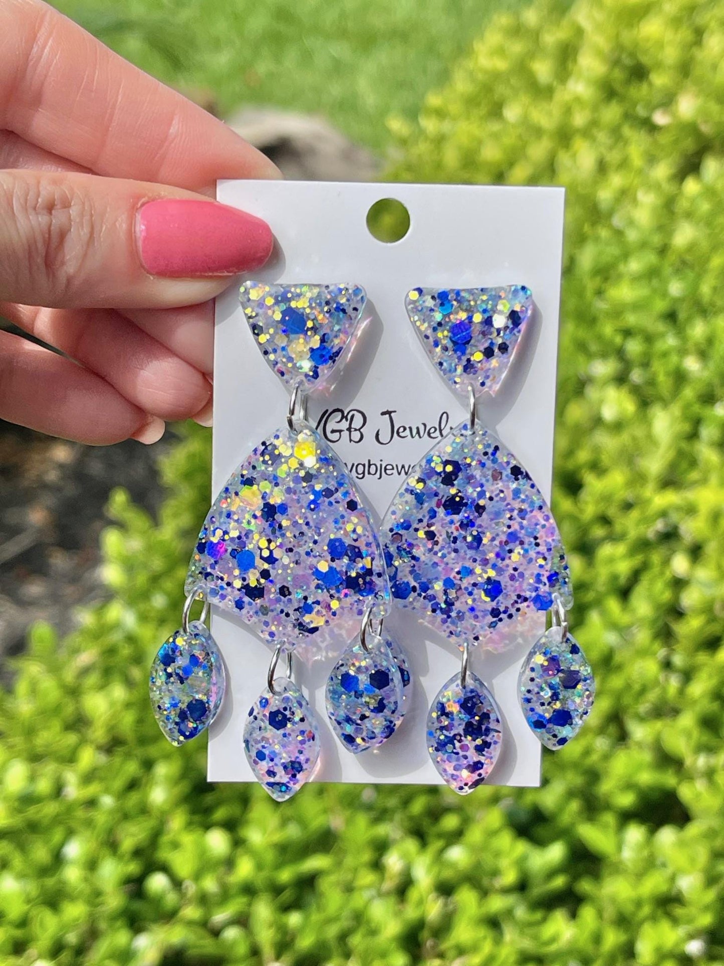 Blue & White Glitter Resin Chandelier Earrings | Lightweight Statement Dangles with Teardrop Accents 1
