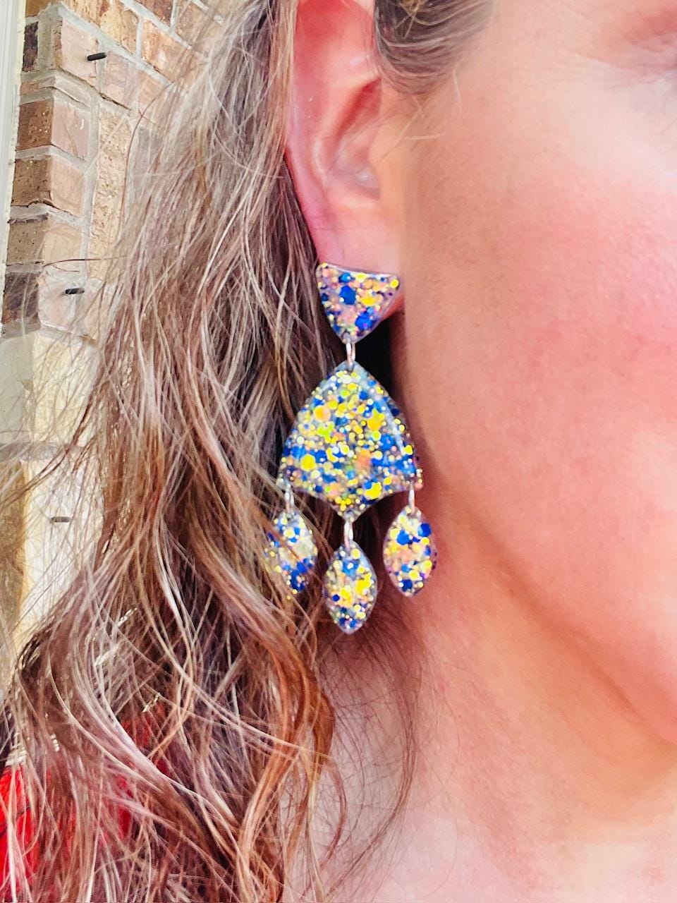 Blue & White Glitter Resin Chandelier Earrings | Lightweight Statement Dangles with Teardrop Accents 1