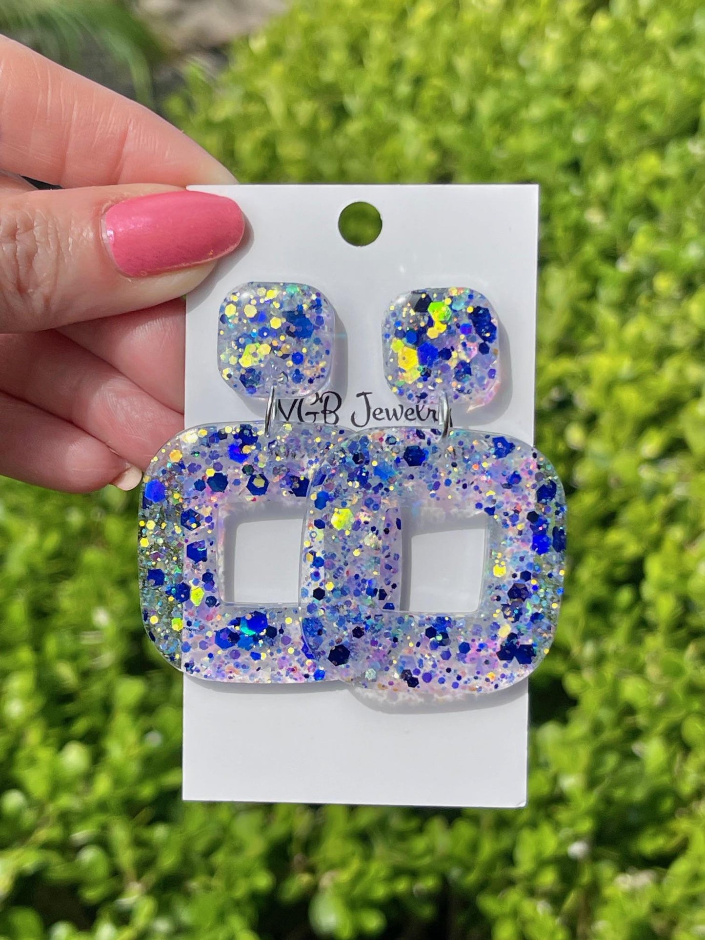 Blue & White Glitter Resin Earrings | Lightweight Square Statement Dangle earrings