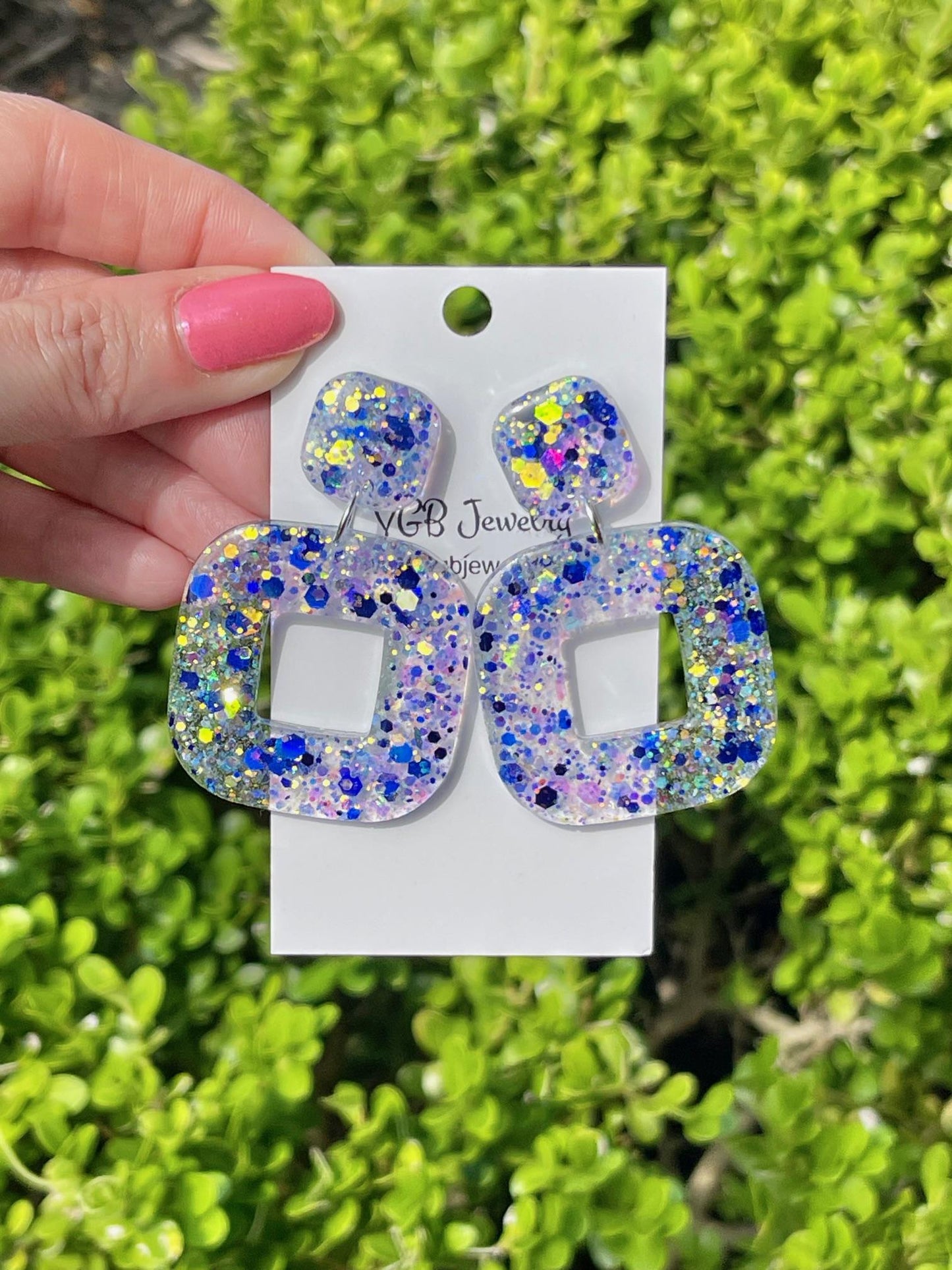 Blue & White Glitter Resin Earrings | Lightweight Square Statement Dangle earrings