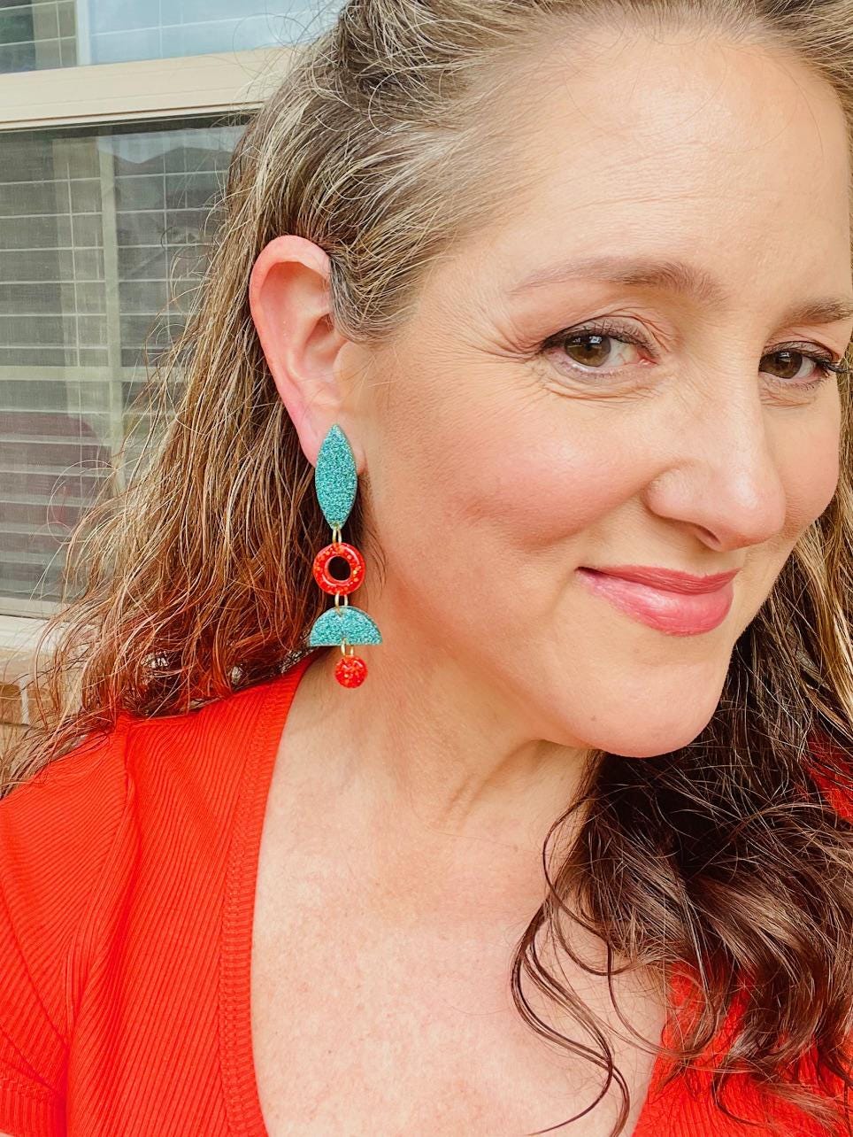 Teal & Coral Glitter Resin drop Earrings | Lightweight Statement Dangles with Teardrop Accents 1
