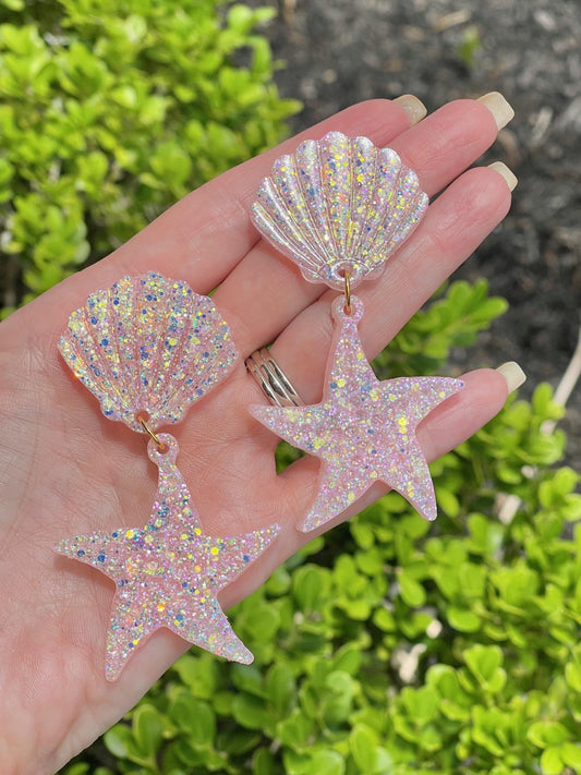 Sparkly Shell and starfish glitter resin earrings - handcrafted Beach vacation jewelry