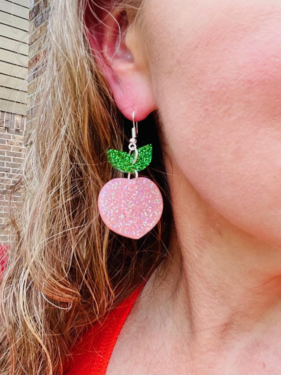 Peach Dangle Earrings – Glitter Resin Statement Jewelry – Handmade Spring/Summer Accessories