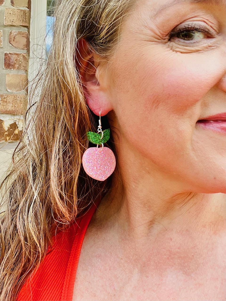 Peach Dangle Earrings – Glitter Resin Statement Jewelry – Handmade Spring/Summer Accessories