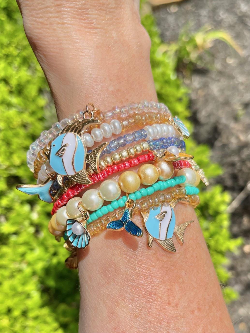 Beachy hand-beaded memory wire wrap cuff bracelet - Ocean-inspired charm bracelet