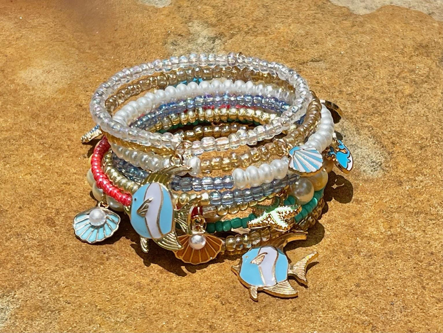 Beachy hand-beaded memory wire wrap cuff bracelet - Ocean-inspired charm bracelet