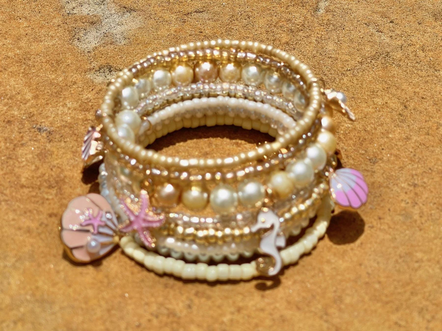 Beachy hand-beaded memory wire wrap cuff bracelet - Ocean-inspired charm bracelet Beige & Pink