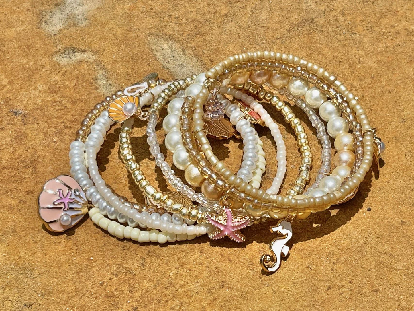 Beachy hand-beaded memory wire wrap cuff bracelet - Ocean-inspired charm bracelet Beige & Pink