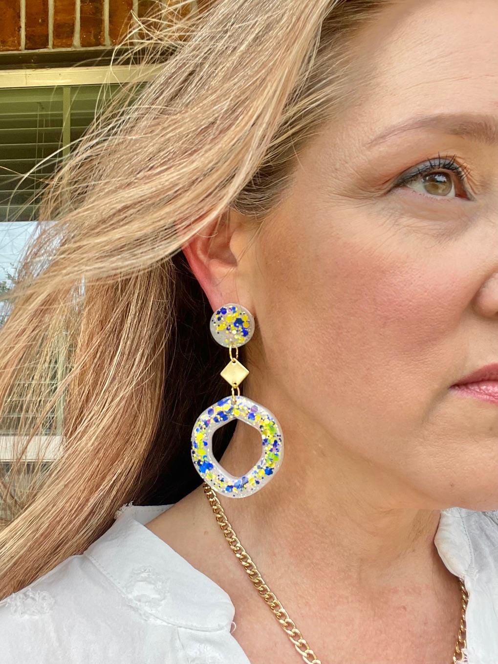 Amalfi Coast Inspired Earrings - Lemon Yellow & Deep Sea Blue Glitter Dangle Earrings with Gold Accents 2