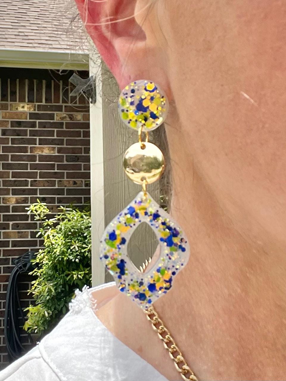 Amalfi Coast Inspired Earrings - Lemon Yellow & Deep Sea Blue Glitter Dangle Earrings with Gold Accents 1