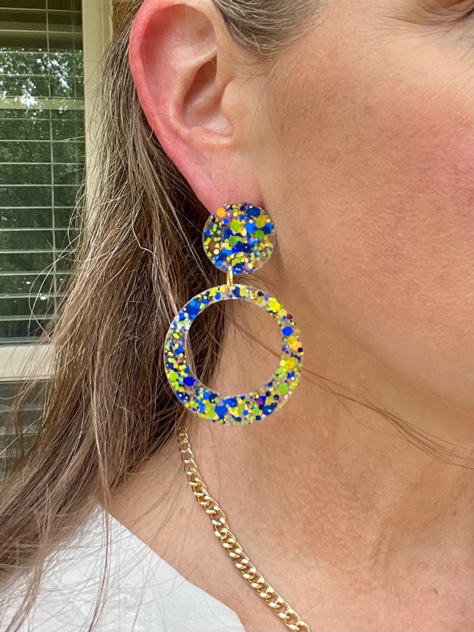 Amalfi Coast Inspired Earrings - Lemon Yellow & Deep Sea Blue Glitter Hoop Dangle Earrings