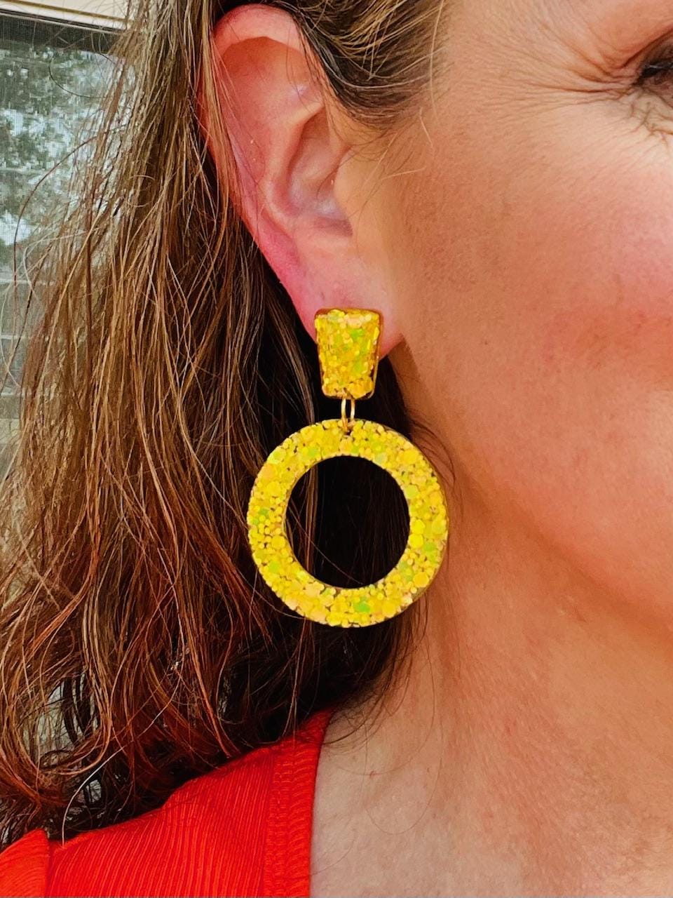 Amalfi Coast Inspired Earrings - Lemon Yellow Glitter Hoop Dangle Earrings