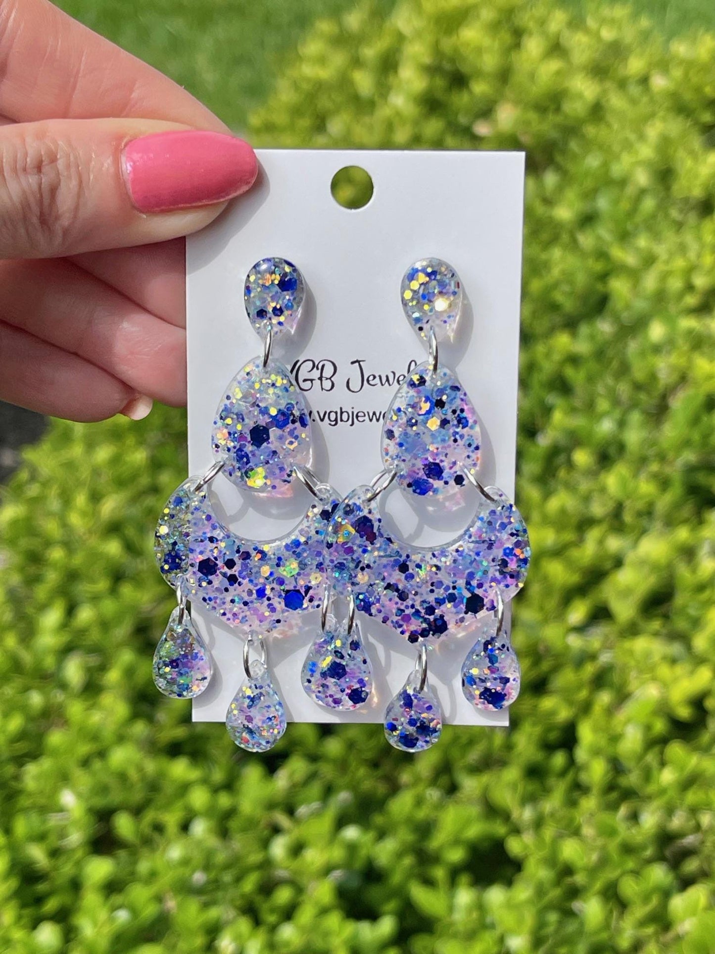 Blue & White Glitter Resin Chandelier Earrings | Lightweight Statement Dangles with Teardrop Accents 2