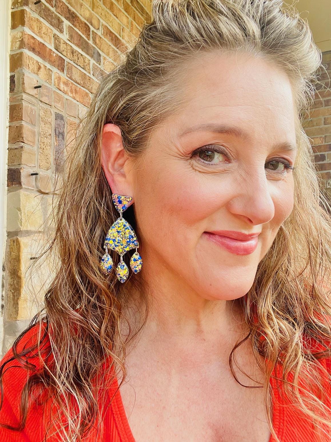 Blue & White Glitter Resin Chandelier Earrings | Lightweight Statement Dangles with Teardrop Accents 1