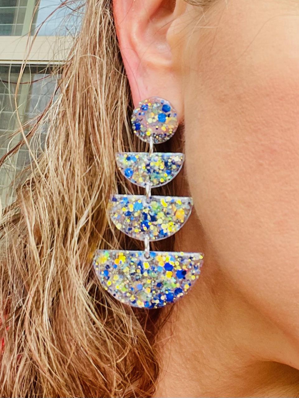Blue & White Glitter Resin Statement Earrings | Lightweight Statement Dangles