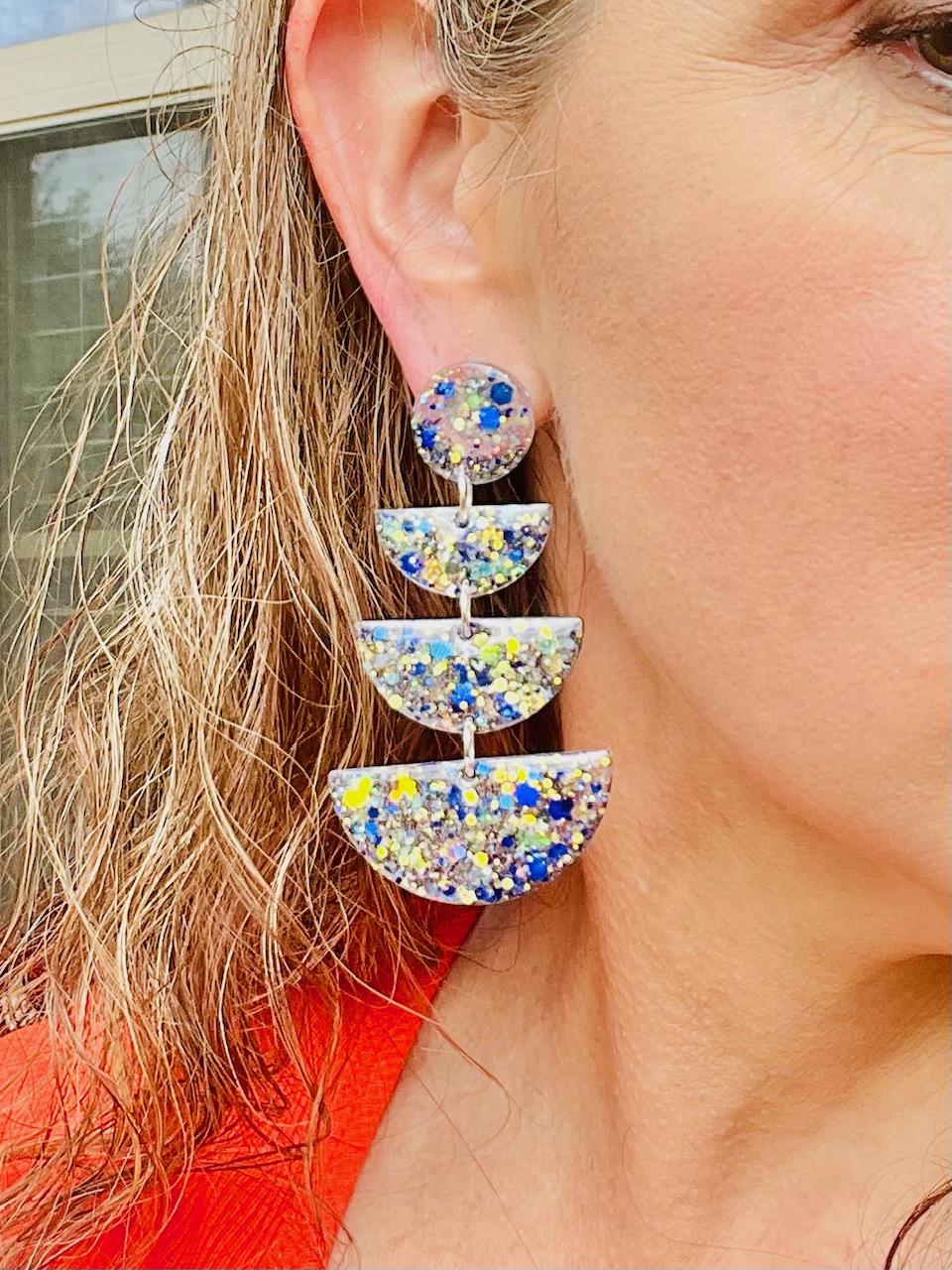 Blue & White Glitter Resin Statement Earrings | Lightweight Statement Dangles