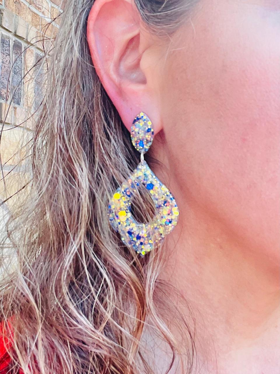 Blue & White Glitter Resin Earrings | Lightweight Moroccan Statement Dangle earrings