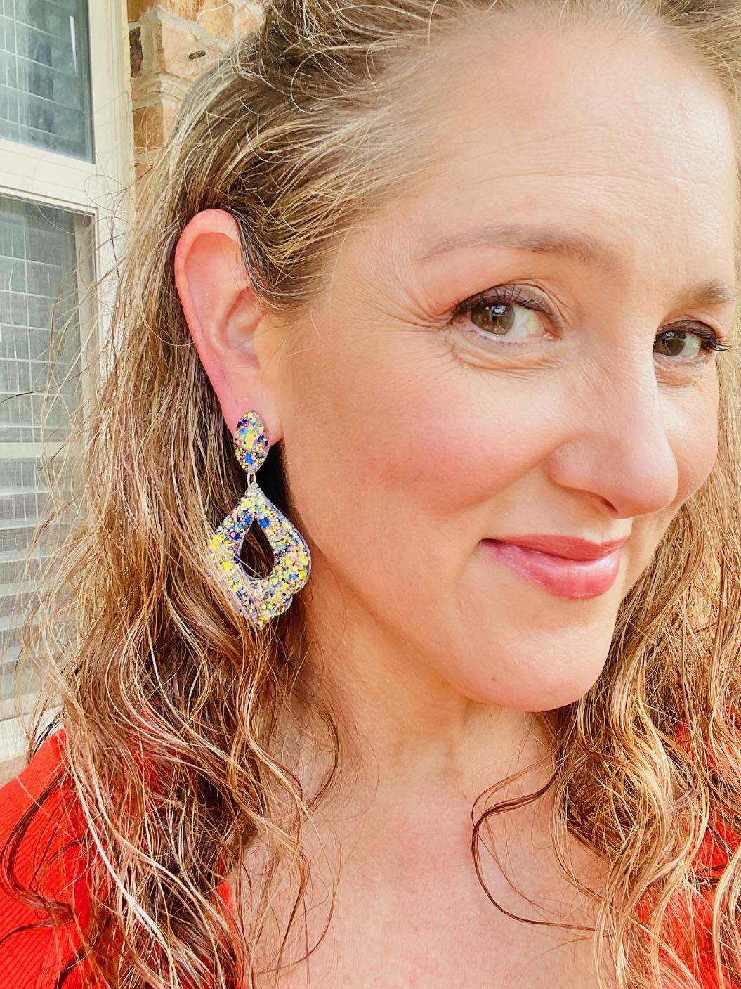Blue & White Glitter Resin Earrings | Lightweight Moroccan Statement Dangle earrings