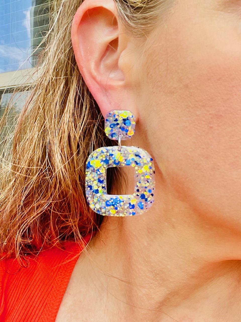 Blue & White Glitter Resin Earrings | Lightweight Square Statement Dangle earrings