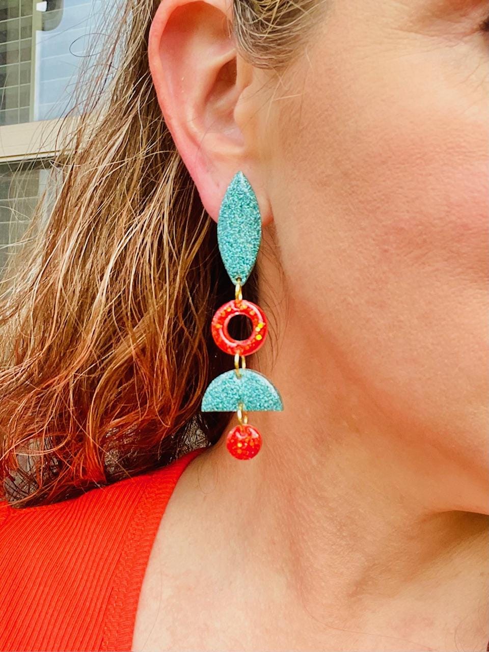 Teal & Coral Glitter Resin drop Earrings | Lightweight Statement Dangles with Teardrop Accents 1