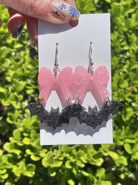 Bat and Bow Earrings – Halloween Glitter or Mica Resin Dangles – Custom Bow Color – Spooky Cute Handmade Jewelry