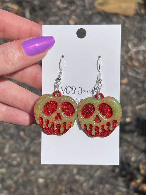 Glow-in-the-Dark Dripping Apple Earrings – Resin Halloween Dangles – Glitter or Mica Finish – Spooky Handmade Jewelry