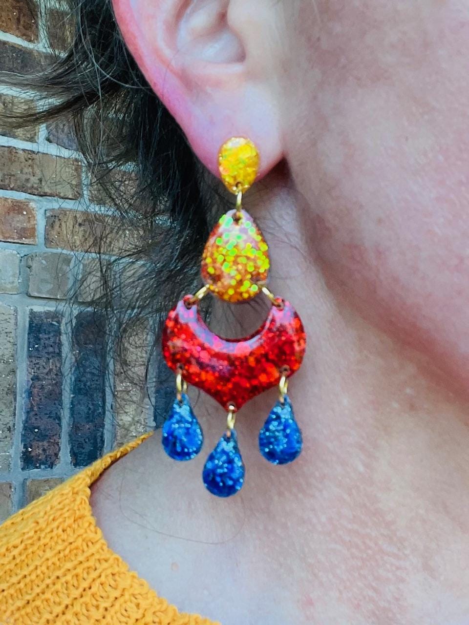 Game Day Chandelier glitter resin earring - handcrafted - handmade jewelry